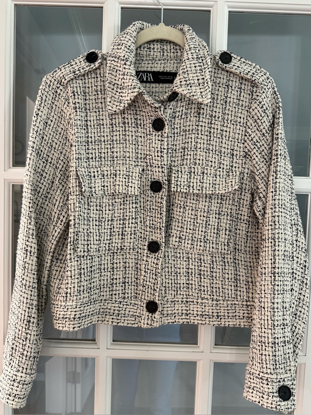 Zara Black & Cream Tweed Button-Up Blazer Jacket